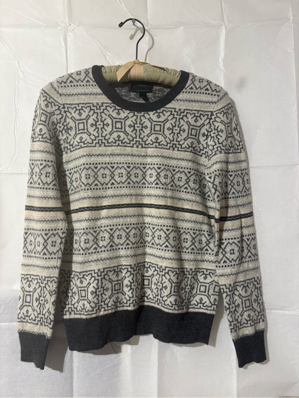 J. Crew Cream and Gray Fair Isle Crewneck Sweater